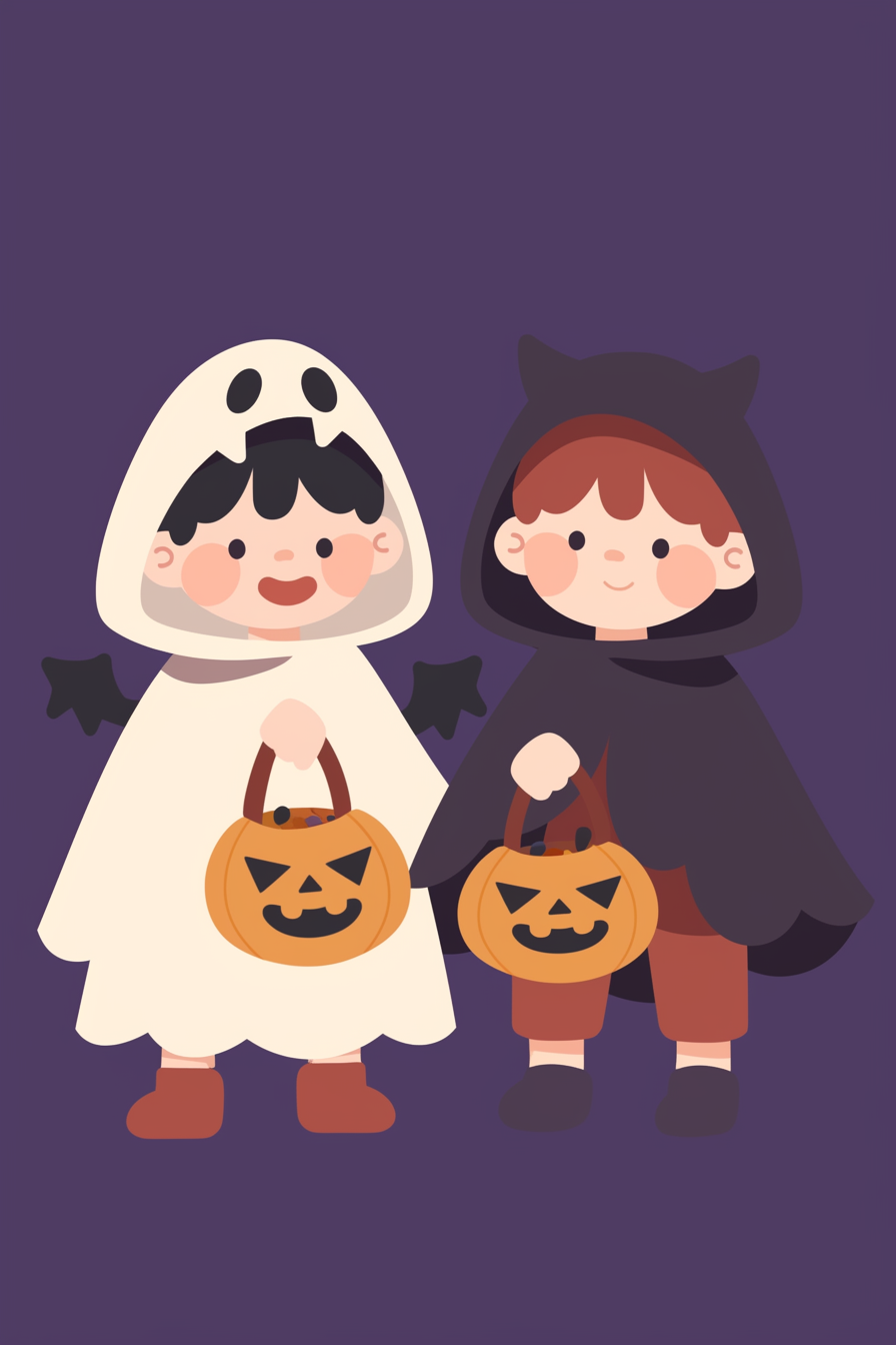 cute halloween drawings for kids showing two children in adorable ghost and bat costumes holding pumpkin baskets.